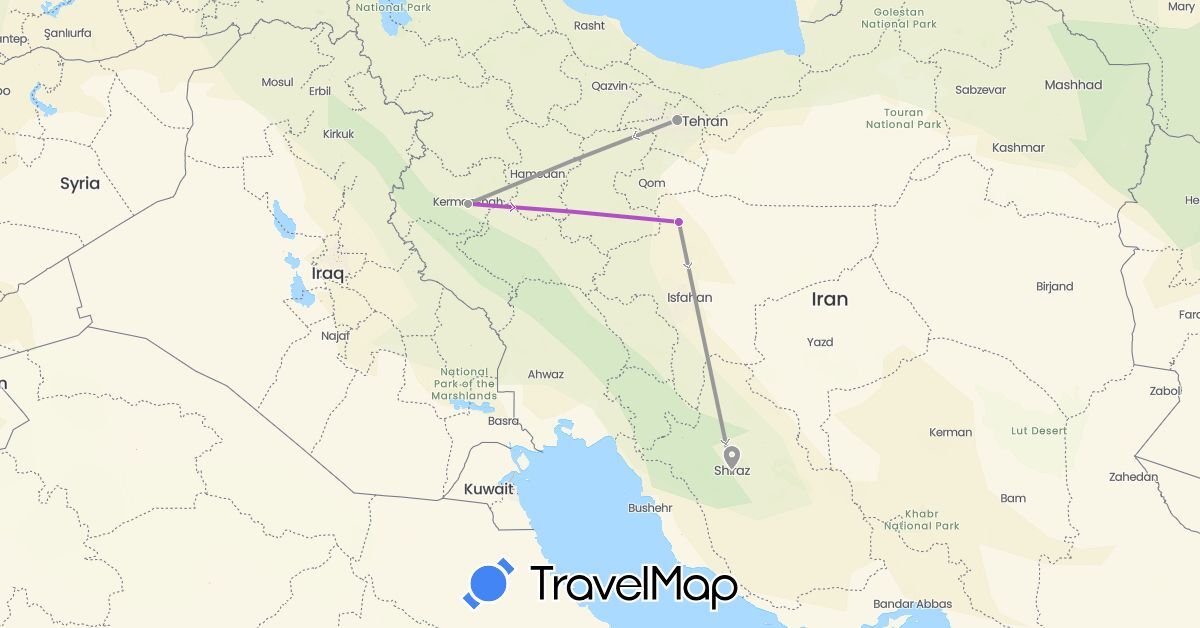 TravelMap itinerary: driving, plane, train in Iran (Asia)